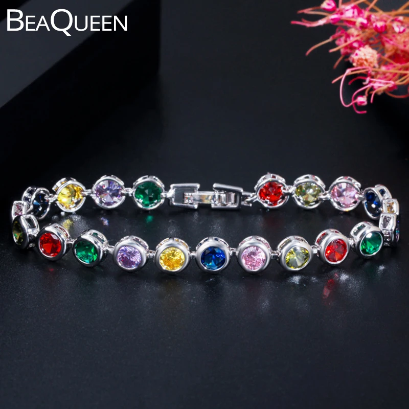 BeaQueen модные серебряные круглые женские теннисные браслеты с кристаллами кубического циркона, разноцветные ювелирные изделия с камнями B144