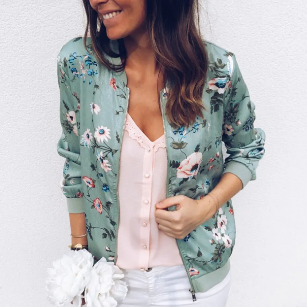 Gentillove Casual Floral Printed Bomber Jacket Autumn Elegant Zipper Coat Office Wear Slim Office Jackets Vintage Outwear 2022