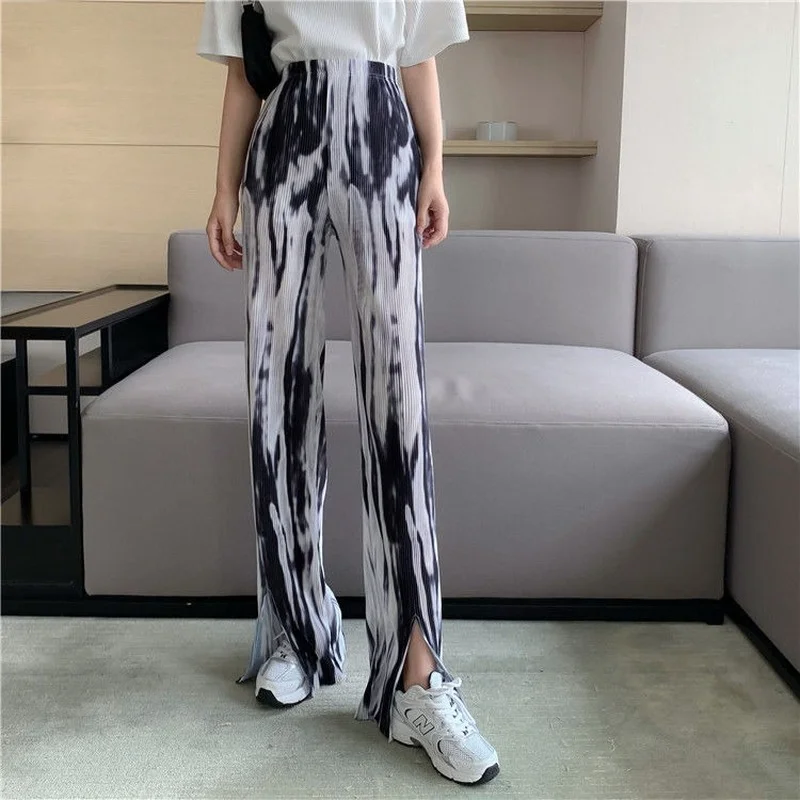 Full-length Casual Pants Women Tie-dye Pleated Straight Trousers Split Korean Style Modern High Waist Leisure All-match Female