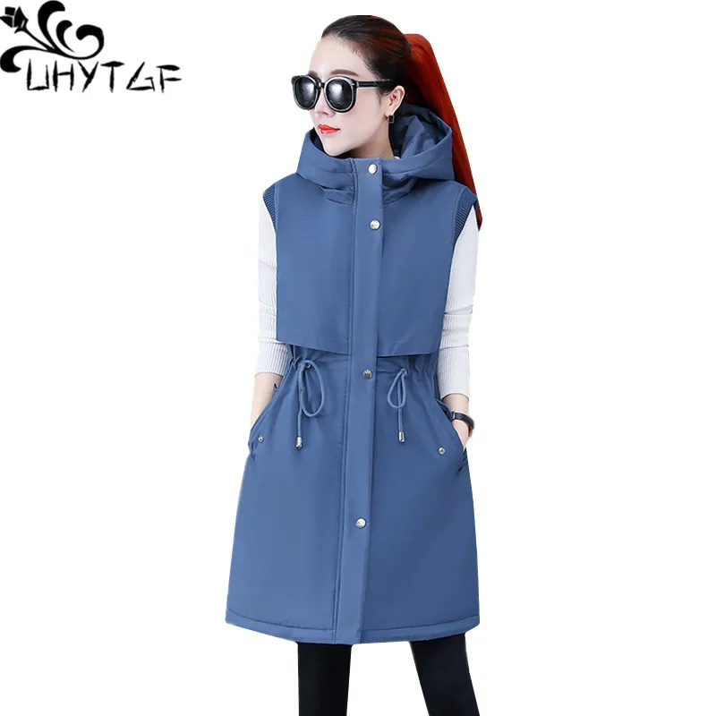 

UHYTGF Women Warm Vest Hooded Sleeveless Down Jacket Autumn Winter Vests Parker Cotton Coat Fleece 5XL Big Size Waistcoat 1299