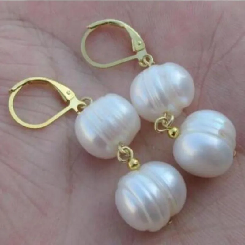 free shipping noble jewelry new 10-11MM white PEARL EARRINGS 14K/20 YELLOW GOLD hook