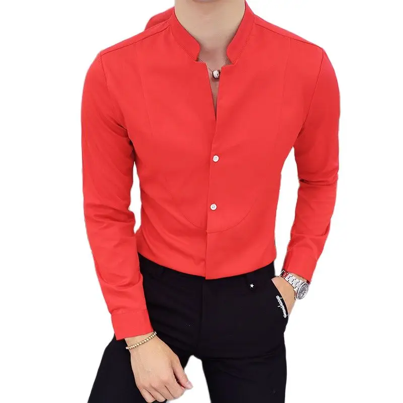 Black Male Stretch Long Sleeve Shirts/Men\'s High Quality Stand Collar Pure Slim Fit Business Shirt Red White Camisa Man Chemise