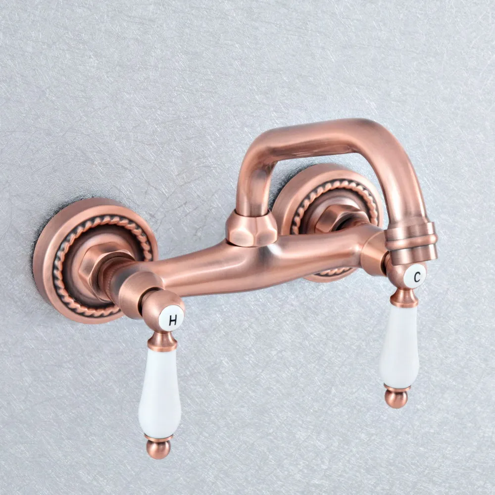 

Antique Red Copper Bathroom Basin Swivel Spout Faucet Wall Mounted Dual Ceramic Handles Vessel Sink Mixer Taps zsf886