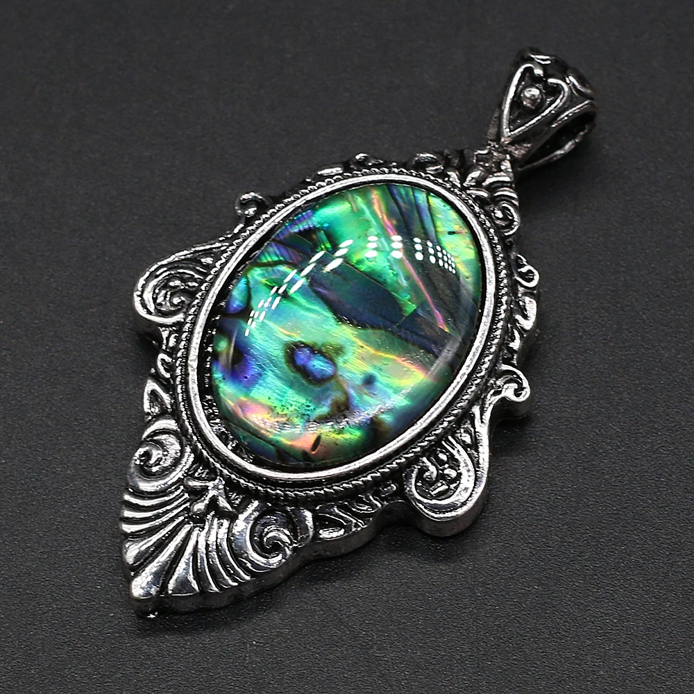 Natural Stone Amethysts Cabochon Oval Bead Pendant Vintage Alloy Abalone Shell Charms for Jewelry Making DIY Necklace Fine Gift