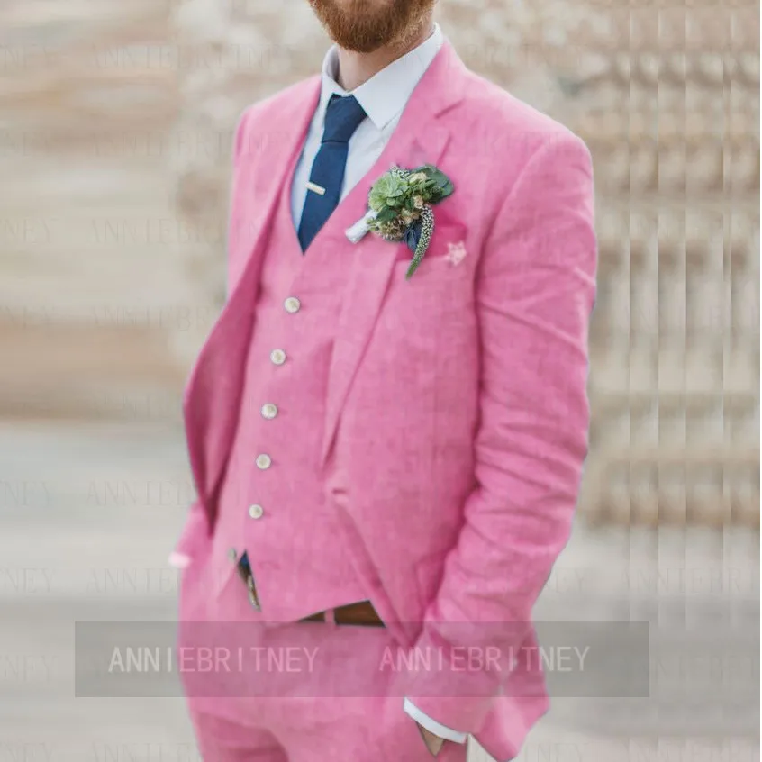 2023 Brand Fashion Linen Men Suit Jacket Vest Pants 3 Pieces Set Slim Fit Pink Beach Party Wedding Best Man Groom Tuxedo Blazer