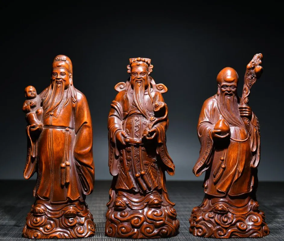 

Archaize seiko Hand-carved boxwood Fu lu shou three God household decoration crafts statue A set