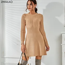 ZHISILAO Long Sleeve Knitted Dresses Women Winter Autumn 2021 O-Neck A-line Mini Dress Sexy Thicken Short Sweater Dress Black