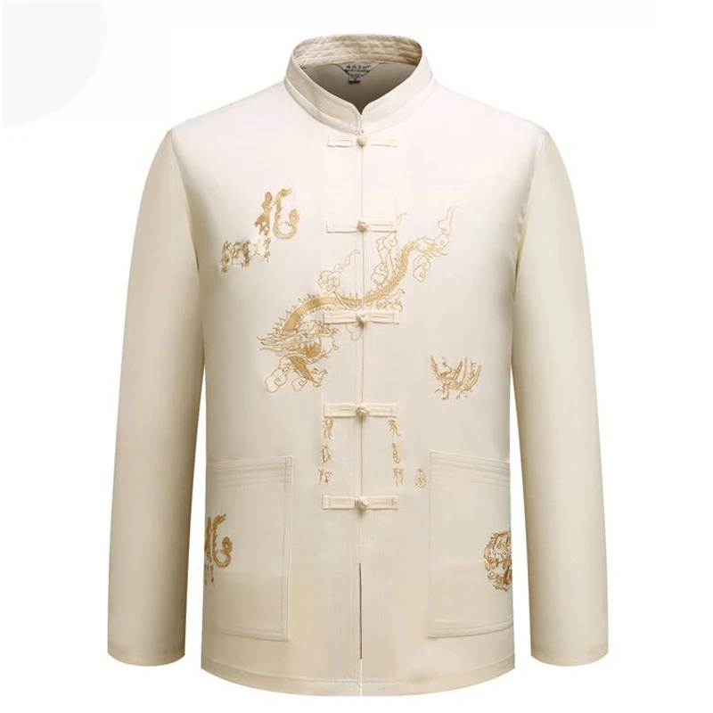 

Men's jaqueta Long Sleeve FrockTraditional Chinese Embroider Dragon Tang Suit Clothing Kung Fu beige Jacket Coat 2020