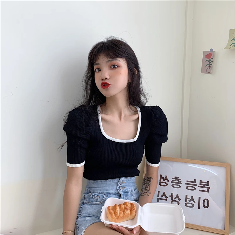 Women Short Puff Sleeve Tee Shirts Lady Fashion Patched Square Collar Knit Stretchy Chic Crop Tops T-shirts For Girls Summer