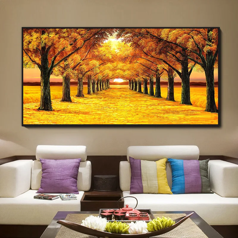 New Chinese Golden Mile Canvas Painting Wall Art Yellow Gold Tree Road Posters Prints for Living Room Bedroom Decoration Cuadros