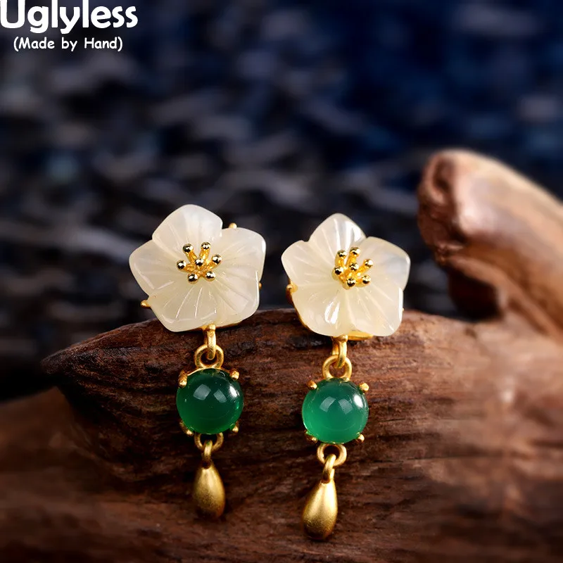 

Uglyless Hotan Jade Plum Blossom Earrings for Women Green Chalcedony Earrings Real 925 Silver Brincos Bijoux Floral Jewelry Gems