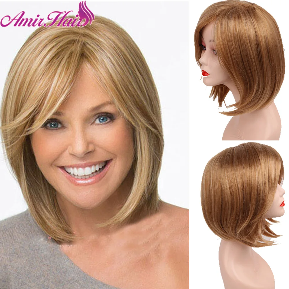 Aimr Short Bob Wigs Natural Straight Synthetic Hair Wig Cosplay Heat Resistant Blonde Brown Mixed Color Ombre Pelucas Hairpiece