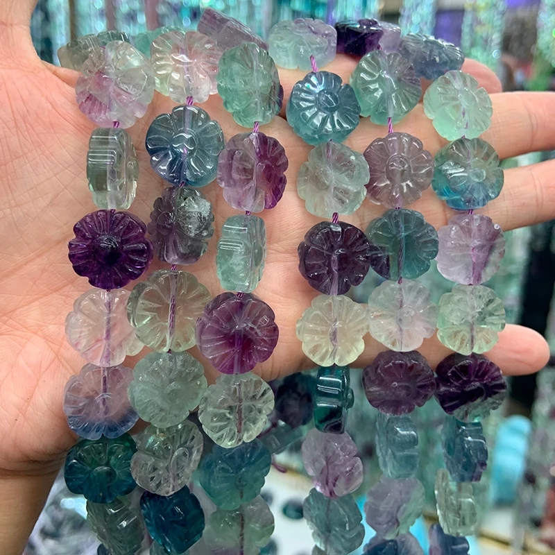 12mm Natural Fluorite Stone Beads 15\'\' Carved Flower DIY Loose Beads For Jewelry Making Women Beads Bracelet Necklace Gift