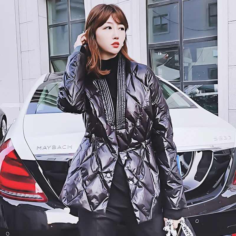 

Women's Elegant Down Jacket Winter Korean Fashion V-Neck Down Cotton Coats Ladies Slim Bandage Lightweight Down Parkas Warm Coat