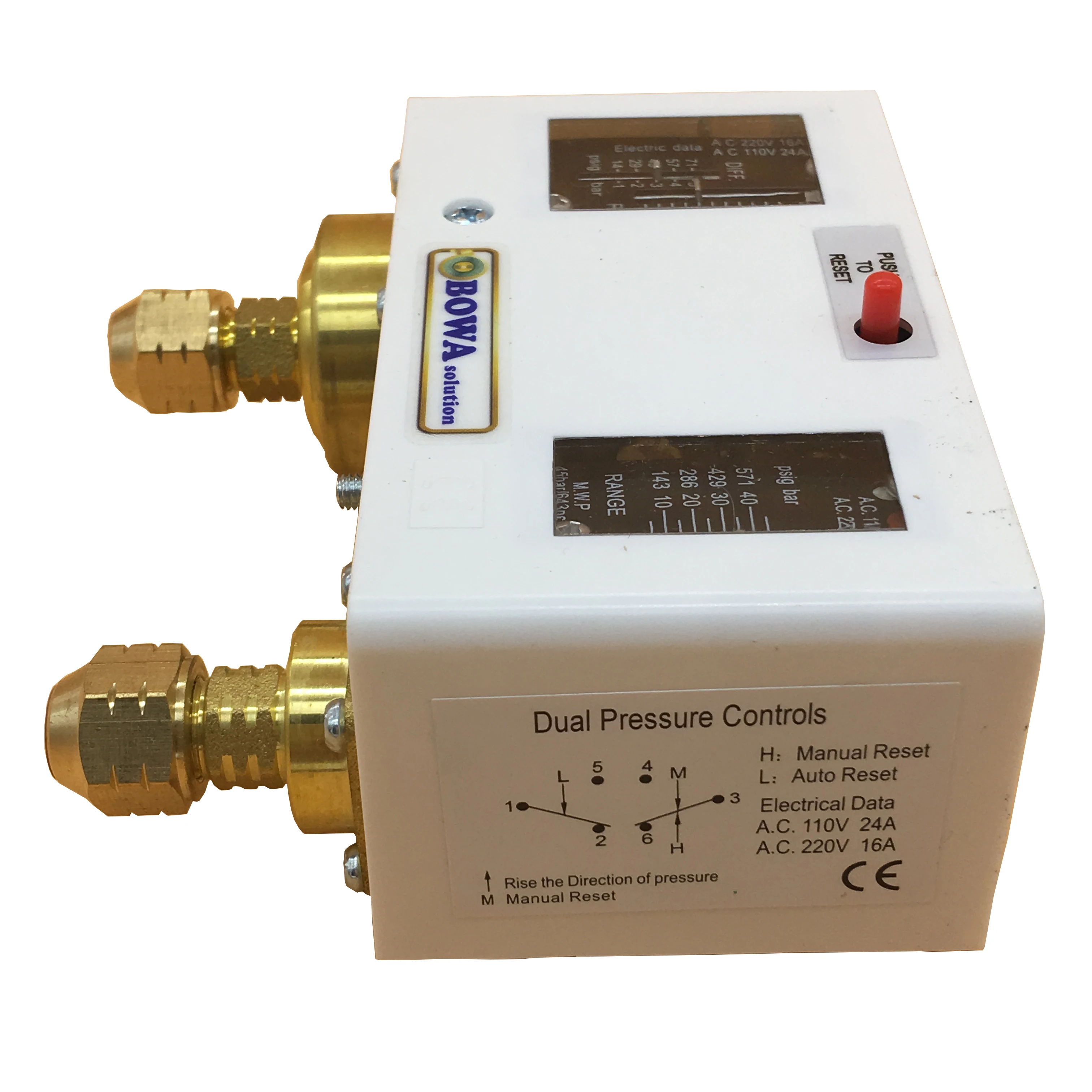 

Manual High and auto Low dual pressure switch protects compressor and is great choice for refrigeration and freezer equipments