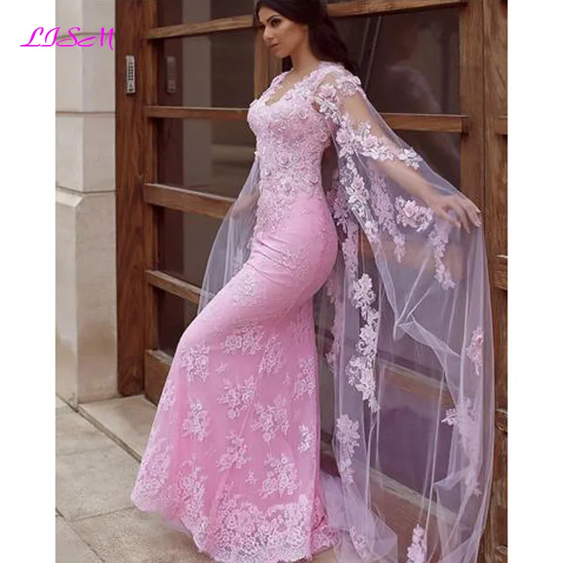 Spitze Meerjungfrau Abendkleid Mit Cape Elegante V-ausschnitt 3D Blumen Prom Party Kleider Plus Size Formale Kleider 2021