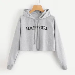 Fashion 90s Letter Print Crop Top Hoodie Woman Sweatshirt Long Sleeve Babygirl Printed Jumper Girl'S Casual Hooded Pullover Tops