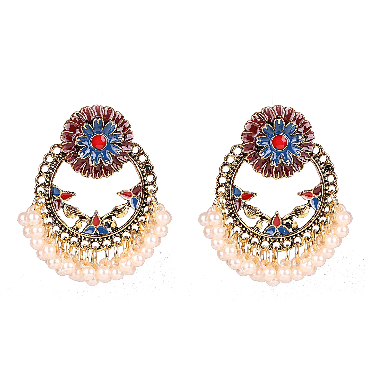 Women\'s Vintage Ethnic Geometric Flower Earrings Hangers Bohemian Bollywood Pearls Tassel Indian Jhumka Earrings Wedding Jewelry