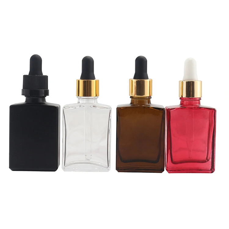 

30ml 1oz Clear Matte Black Serum Square Glass Dropper Bottle with Gold Black Dropper 30 ml for E Liquid Cologne Perfume