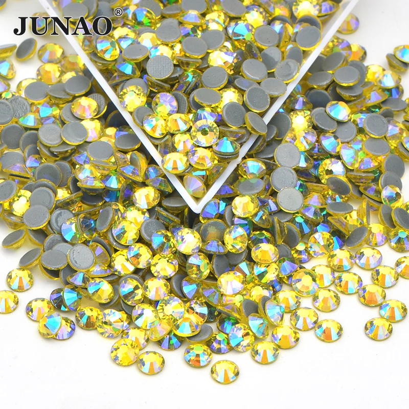 JUNAO Wholesale SS6 8 10 16 20 30 High Quality Citrine AB Glass Crystal Hot Fix Rhinestones Iron On Glitter Stone In Bulk