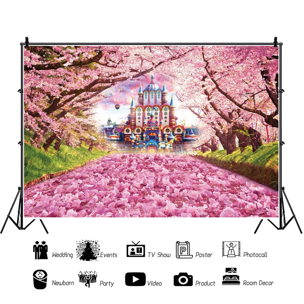 Latar Belakang Fotopanggilan Kastil Fantasi Sakura Merah Muda Laeacco Latar Belakang Fotografi Kustom Potret Baby Shower Ulang Tahun Anak Perempuan