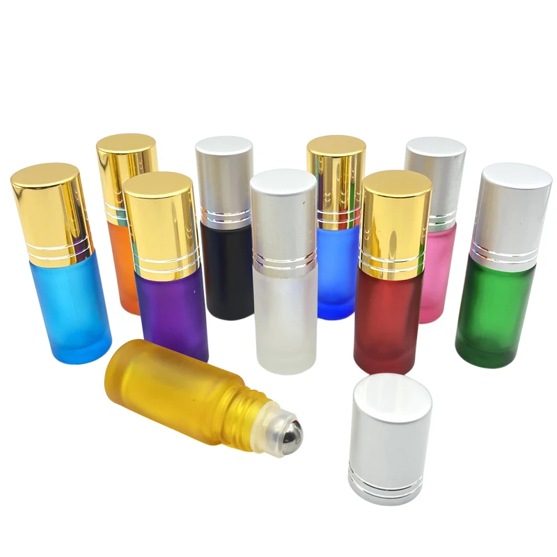 

20pcs Portable Travel Essential Oil Perfume Sample Bottle Refillable 5ml Frosted Colorful Thick Glass Roll Vial Empty Container