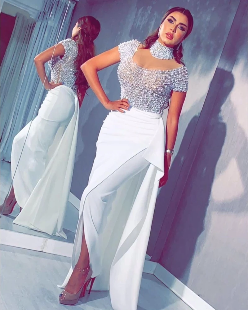 Vestido De noche De caftán árabe con perlas blancas, manga corta, cuello alto, Dubai, Formal, largo, para baile De graduación, 2022