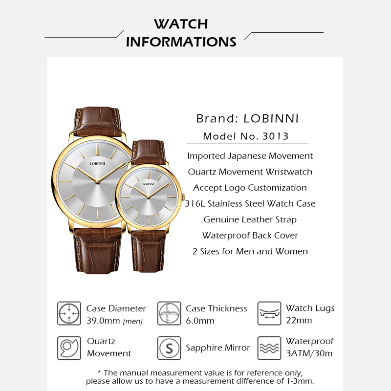 LOBINNI Luxury Brand Couple Watches Japan Miyota Quartz Movement Lovers Watches Sapphire Glass Waterproof Watches Relogio