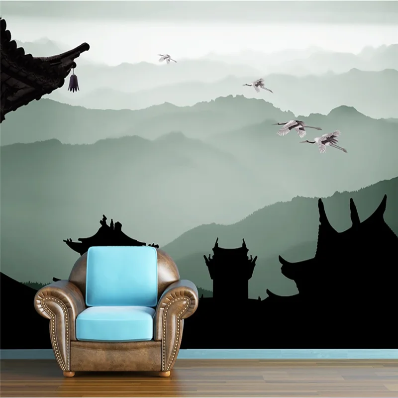 XUE SU Customized large wallpaper mural new Chinese corner tower Zen white crane ink landscape wall covering