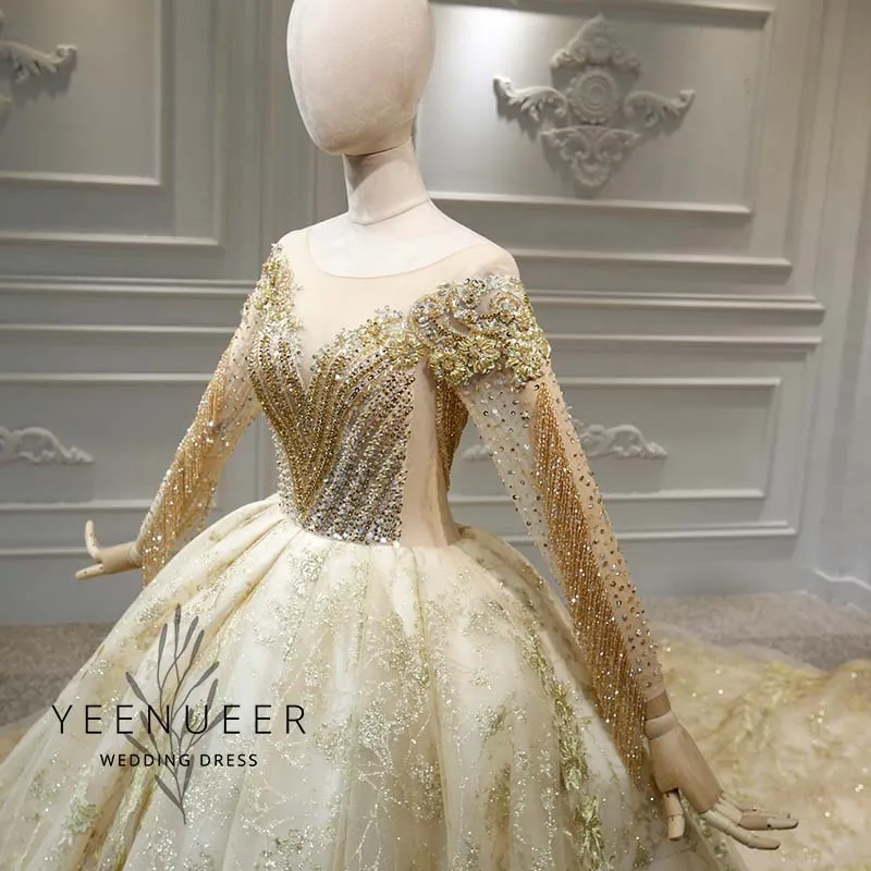 Vestido de boda dorado de alta calidad, vestido de boda de dubai, con cuentas completas, gran oferta, 2020