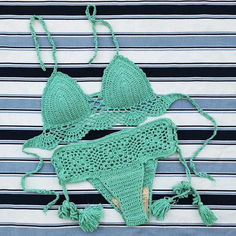 Handmade Crochet Push up Bikini Set Sexy Women Swimwear Crop Top Beach Swimsuit Suit