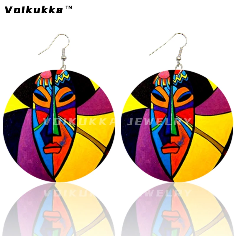 Voikukka Jewelry 2021 Hot Sale Painted Masks Both Sides Print On The Natural Wood Fashion African Round Pendant Women Earrings