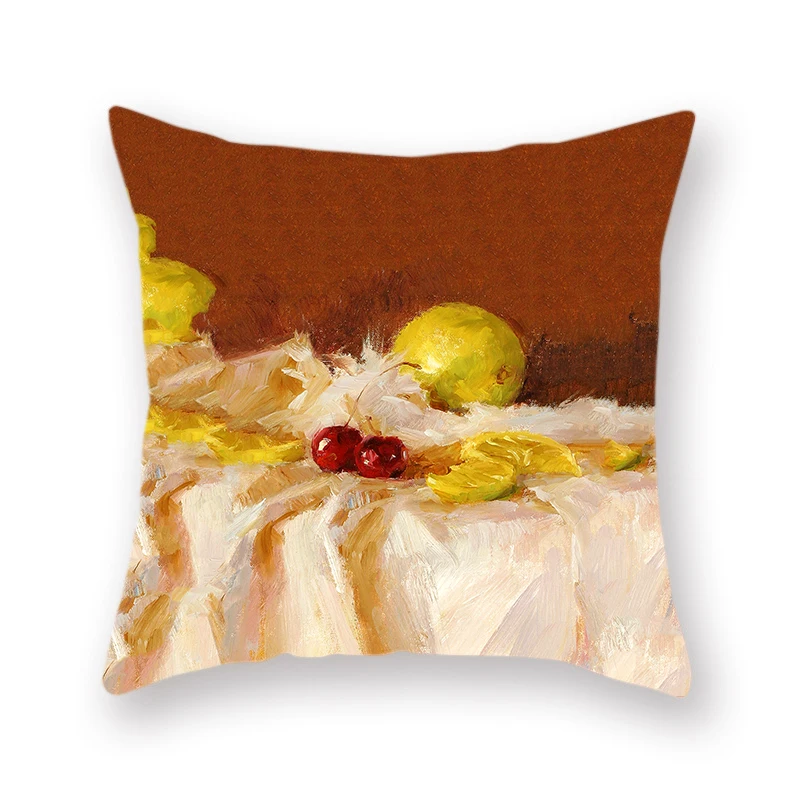 Western Oil Painting Polyester Cushion Cover Sofa Throw Pillow Cover Floral Lemon Printed Home Square Pillow Case 45*45cm