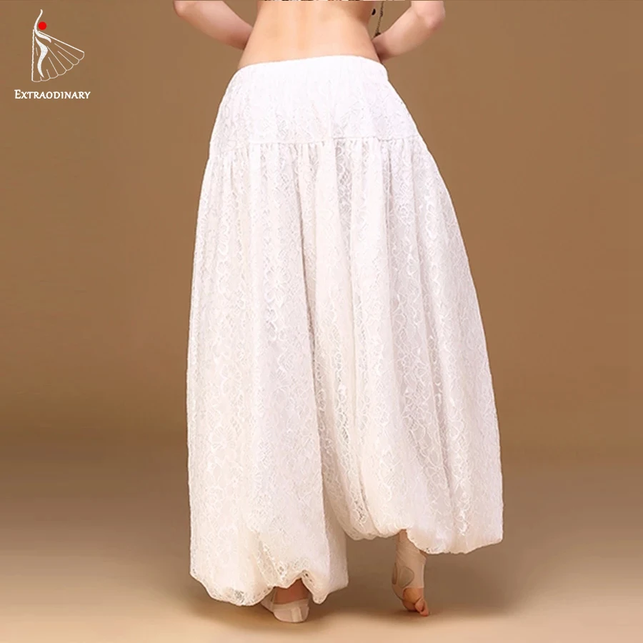 Women Dance Pants White Elastic Waist Lace spandex Belly Dancer Pants Wide Leg Loose Long Trousers Bloomers Gypsy Pants