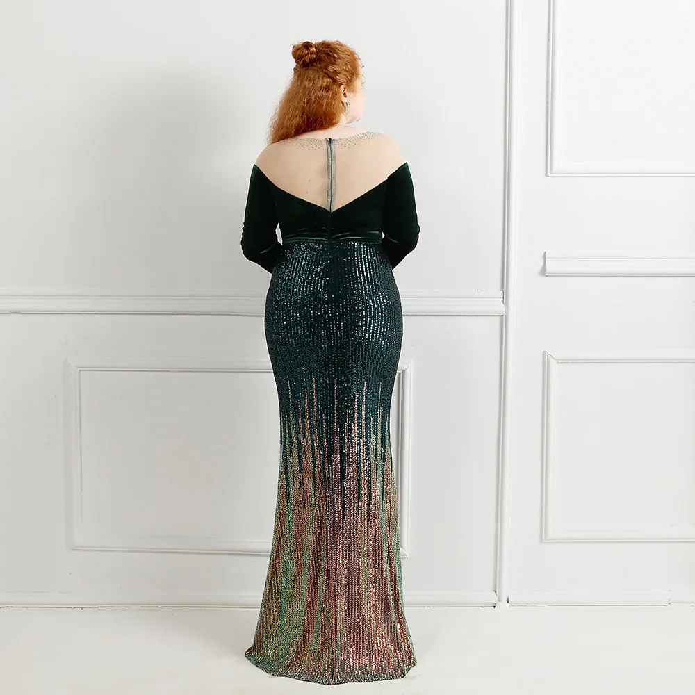 Plus Size 2021 Fluwelen Pailletten Elegant Mermaid Lange Mouwen Cocktail Party Jurken Formele O-hals Floor-Lengte Prom Vestidoes