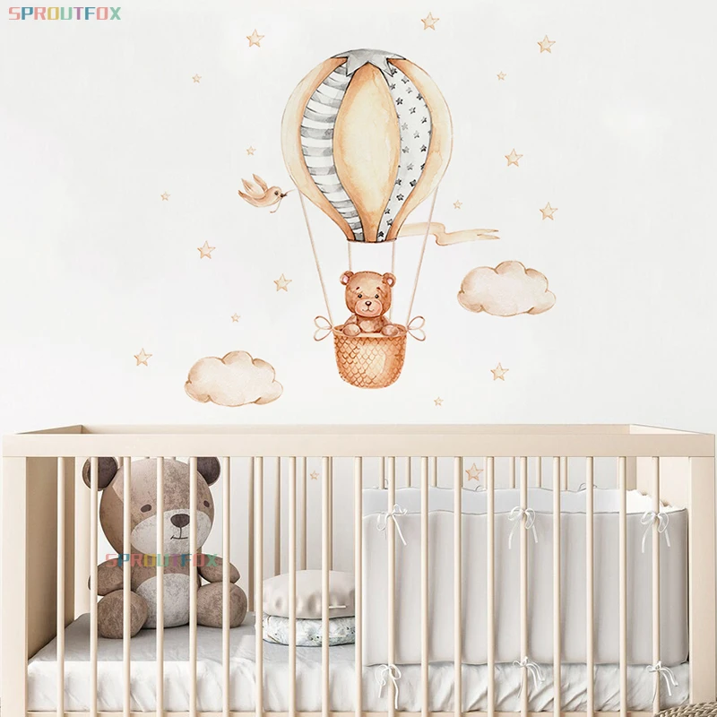 Cartoon Wall Stickers For Children's Room Kids Rooms Animals Pattern Baby Wall Stickers Bear Hot Air Balloon PVC Nursery Sticker