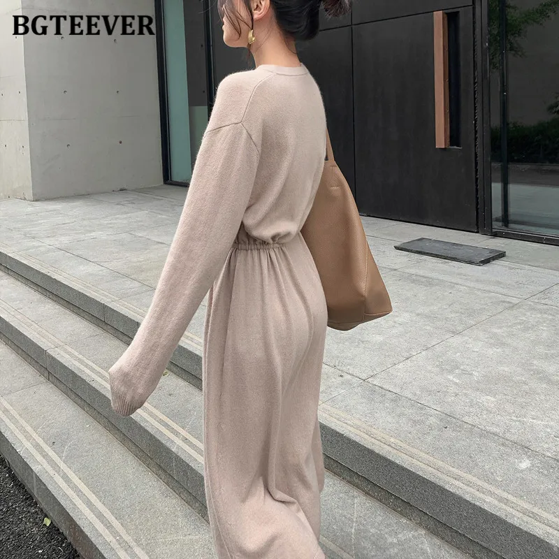 BGTEEVER Vintage Women Knitted Dress Autumn Winter Brief V-neck Warm Drawstring Lace-up Loose Midi Female Sweater Dress 2020