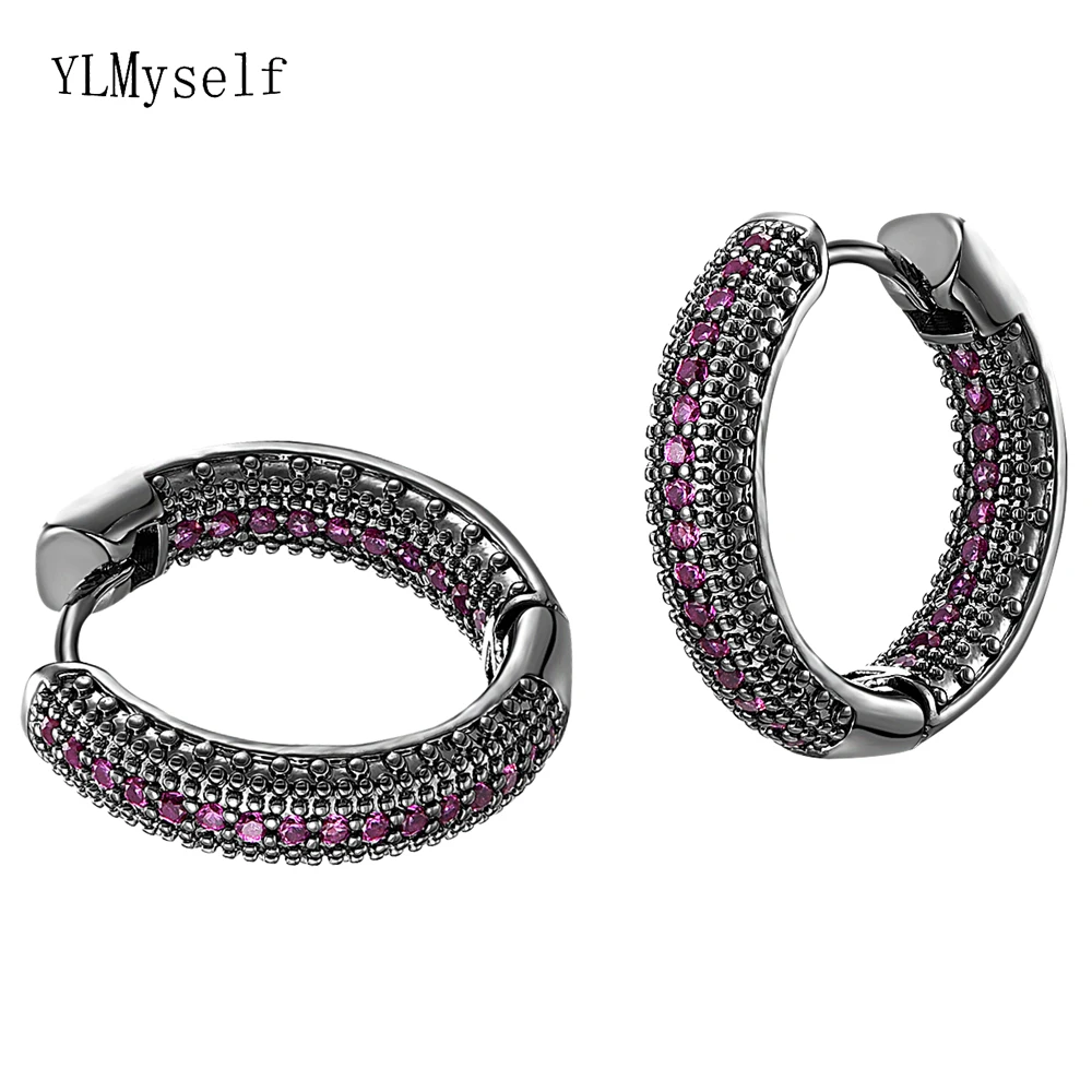 

2CM Diameter Hoop Earrings Stunning Double Side Fuchsia Zircon By Gun Black Plating Fantastic Circle Women Trendy Jewelry