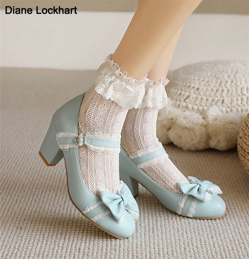 Spring Summer 2023 Ladies Heels Platform Cute Bow Lace Mary Jane Lolita Shoes Party High Heel Buckle Women Pumps Pink Blue White