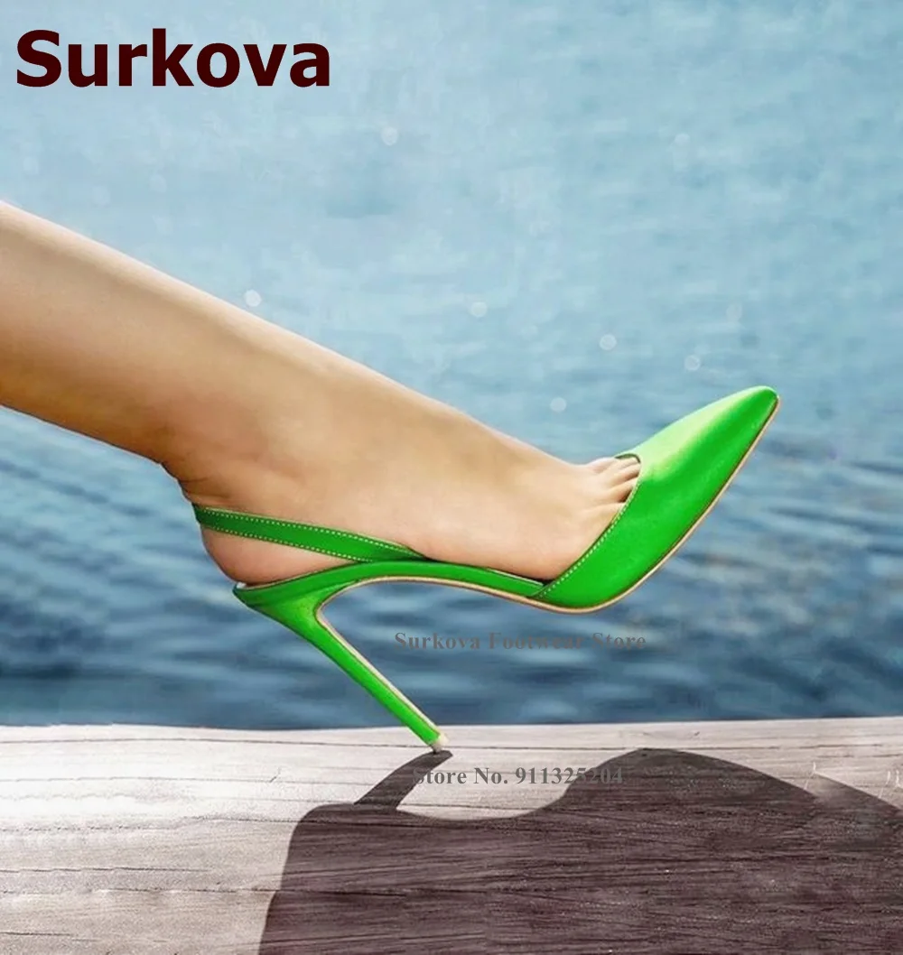 Surkova Green Black Satin Cloth High Heel Shoes Pointed Tow Shallow Cut Wedding Pumps Elegant Slingback Party Heels Size46