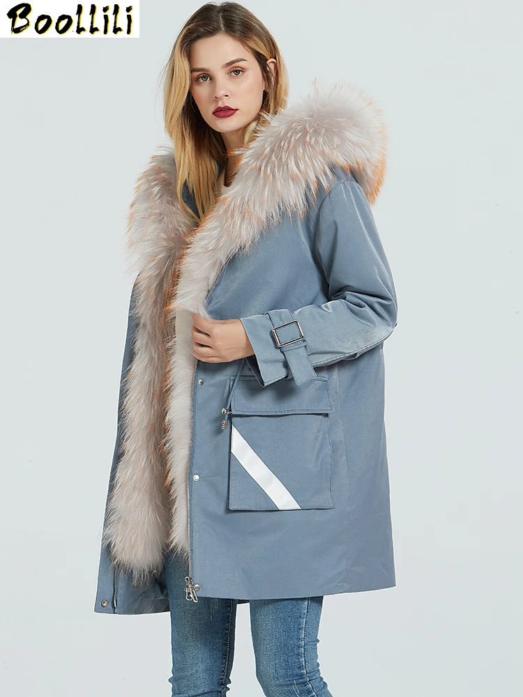 Rabbit Boollili Real Fur Liner Parka Real Fur Coat Winter Jacket Women Raccoon Fur Collar Long Jackets for Women Warm Outwear