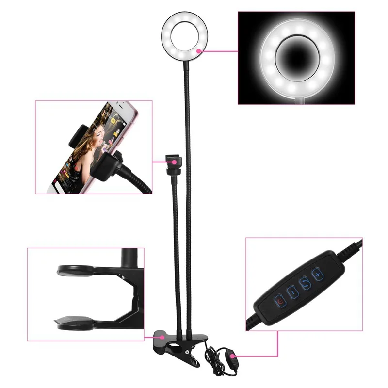 Universal Selfie Ring Light with Flexible Mobile Phone Holder Lazy Bracket Desk Lamp LED Light for Live Stream Office Kitchen