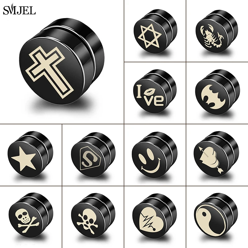 Punk Strong Magnetic Earrings for Men Unisex Face Cross Yin Yang Ear Studs Non Piercing Earrings Fake Earings Body Jewelry