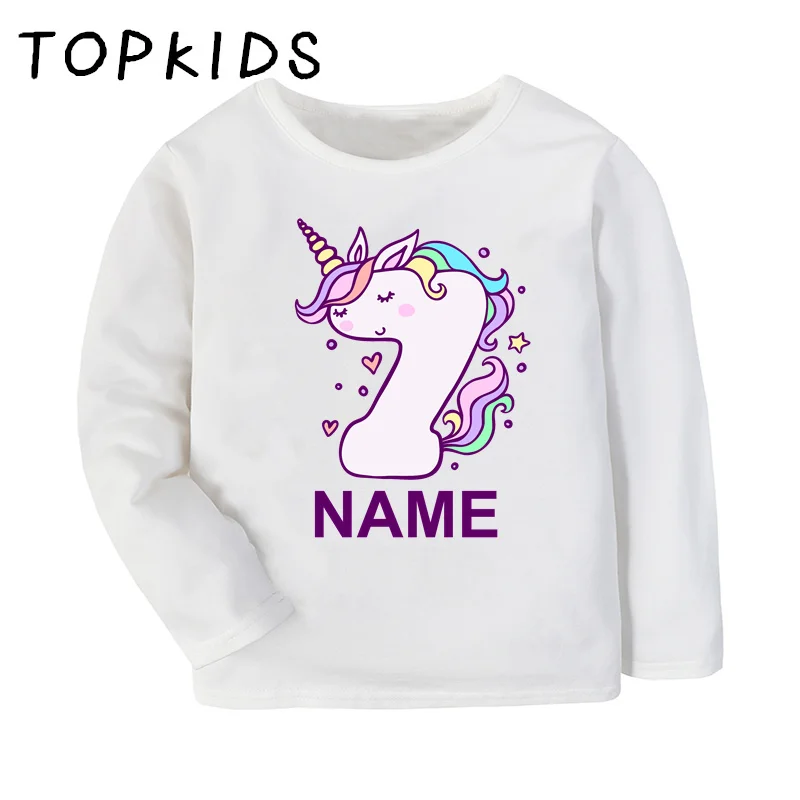 Customized Name Girls T shirt Unicorn 1 2 3 4 5 6 7 8 9 10 Years Birthday Kids Clothes Kawaii Baby Long Sleeve Children T-shirt