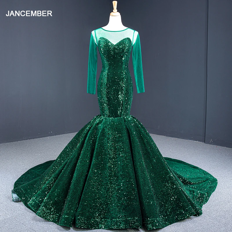 J67083 jancember evening dress long sleeve baby girl o neck chapel train lace sequined green mermaid dress vestido festa longo