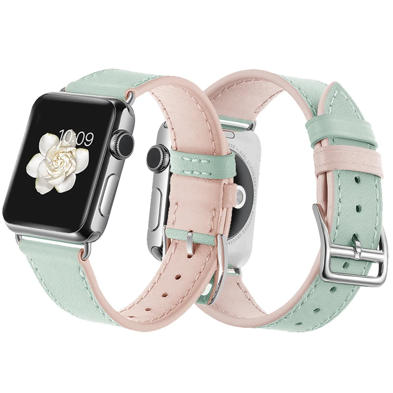 Genuine Leather bracelet strap for apple watch 4 5 44mm 40mm band 42mm 38mm double colors pulseira for iwatch correa 3/2/1