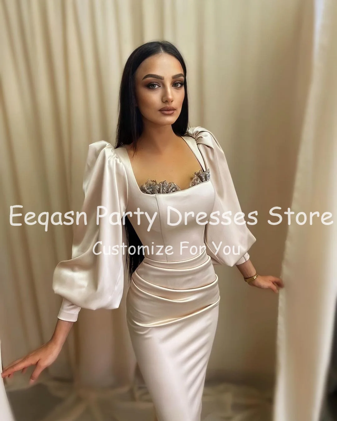 Eeqasn – robe de soirée en dentelle plissée pour femmes, tenue de bal de forme sirène, manches longues bouffantes, pour occasions spéciales