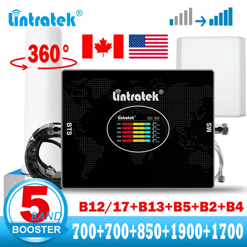 

Lintratek 5 Band Cellular Signal Amplifier Booster 700 850 1900 1700 CDMA PCS AWS Repeater LTE 2G 4G Voice B5 B2 B4 1700/2100MHz