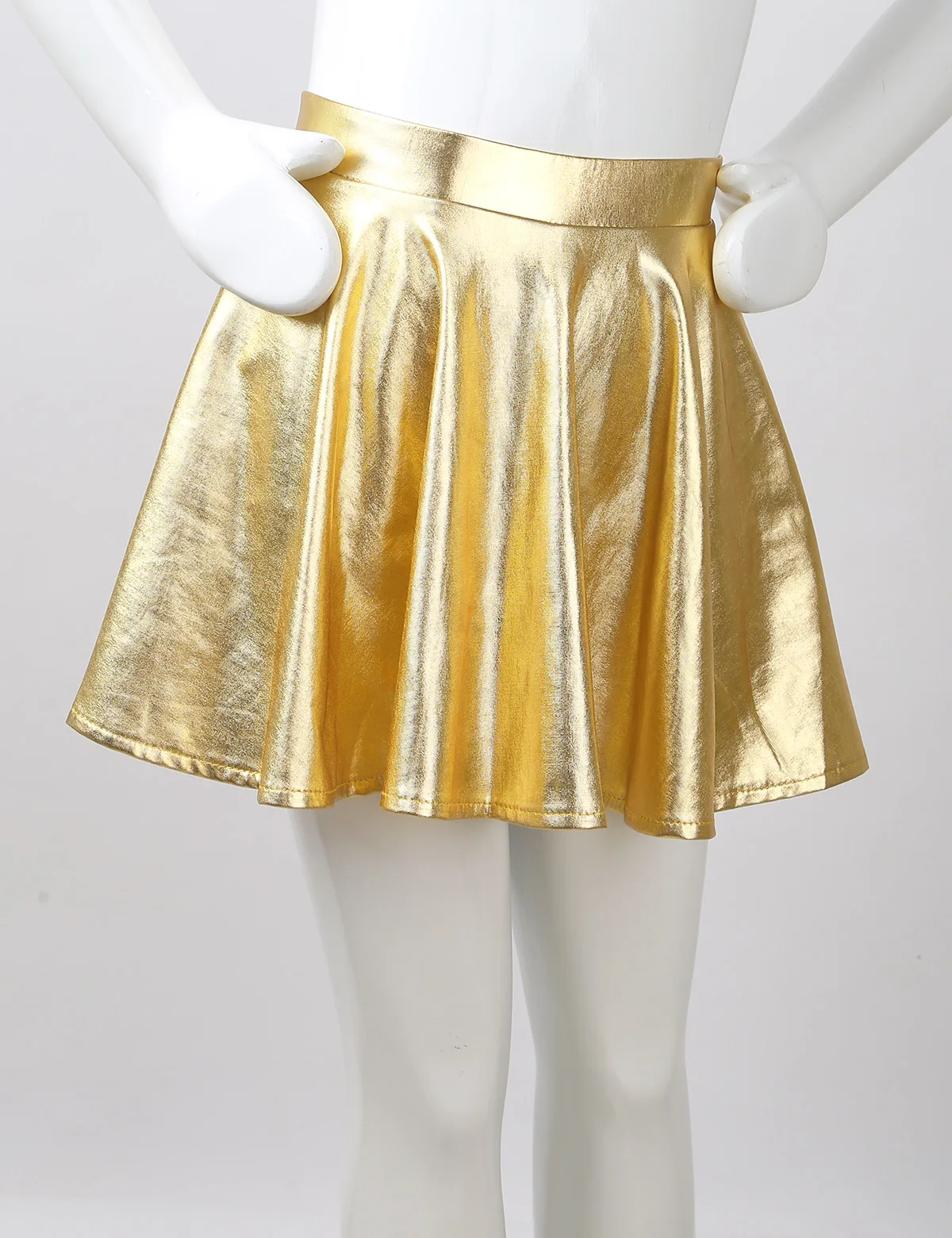 Jupes de danse Chang holographiques métalliques brillantes pour filles, taille haute, évasée, plissée, ligne A, mini jupes de patineuse, vêtements de danse pour enfants