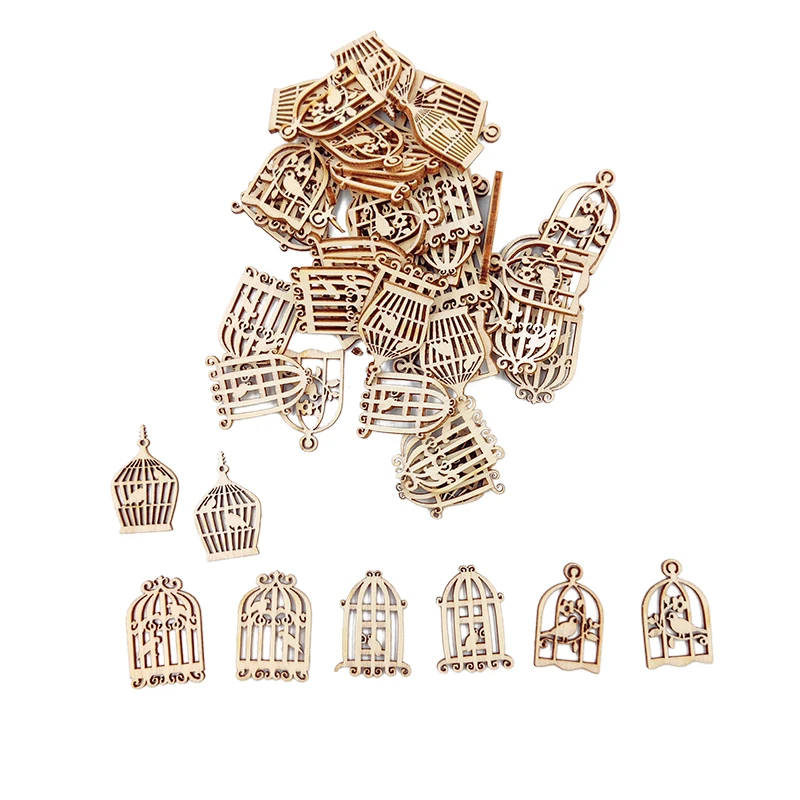 20pcs Wooden Slices Cute Bird Cage Shape Embellishments Ornament Unfinished Wood for Party Decoration DIY Craft Supplies